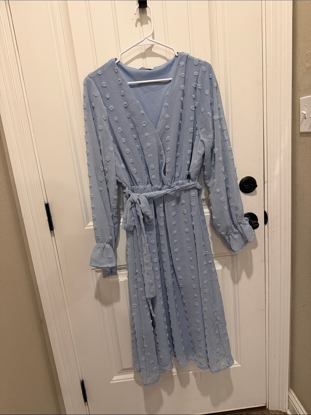Light Blue Dot Textured Wrap Midi Dress with Tie Belt Baltic Born